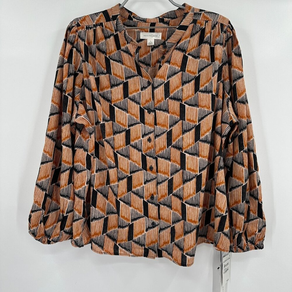 Treasure and Bond Women's Grey-Brown Geo Stripe Blouse size L Career Top NWT